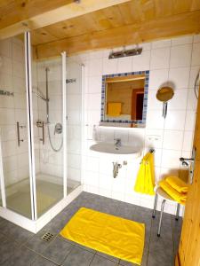 y baño con ducha y lavamanos. en Ferienwohnungen Berger en Scheidegg