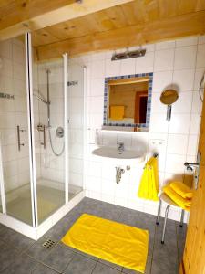 a bathroom with a shower and a sink at Ferienwohnungen Berger in Scheidegg +30 photos