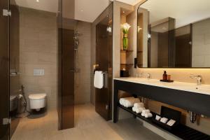 スマランにあるPadma Hotel Semarangの洗面台、トイレ、鏡のあるバスルーム