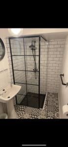 a shower in a bathroom with a toilet and a sink at The Cottage St Kew in Port Isaac