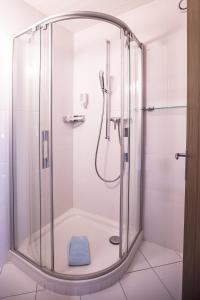 a shower with a glass enclosure in a bathroom at Hotel Chalamandrin in Ftan