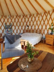 ein Zimmer mit einem Bett und einem Tisch in einer Jurte in der Unterkunft היורטוב במתת in Mattat