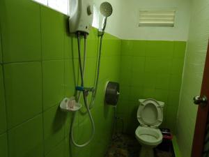 a green bathroom with a shower with a toilet at ภูริรักษ์ โฮมสเตย์ in Ban Pha Saeng Lang