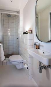 y baño con aseo, lavabo y espejo. en Flamingo Sea Point Sea View Luxury Best Position 1 Bedroom Apartment Queen Size Bed & Inverter For TV, en Ciudad del Cabo