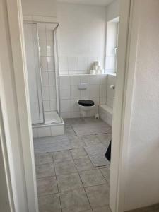 a white bathroom with a toilet and a shower at Rooftop mit Fördeblick, zentral & nah am HBF in Kiel