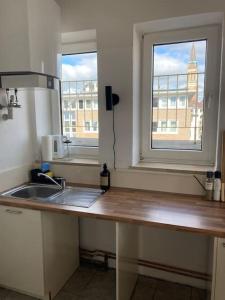 eine Küche mit einem Waschbecken und einem Fenster in der Unterkunft Rooftop mit Fördeblick, zentral & nah am HBF in Kiel