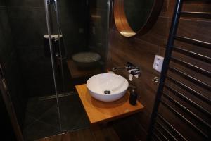 a bathroom with a sink and a glass shower at Cedron Apartments in Benecko
