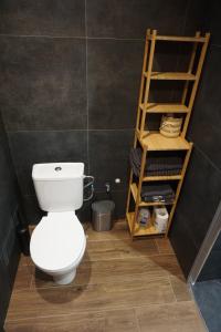 a bathroom with a toilet and a wooden shelf at Cedron Apartments in Benecko