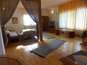 a living room with a bed and a television at Casa Fortyogo in Tîrgu Secuiesc