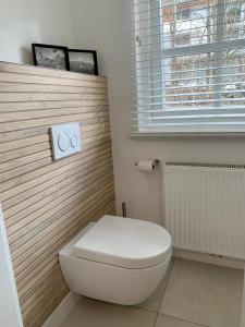 a bathroom with a white toilet and a window at Haigis Lodge 2 in Annaberg im Lammertal