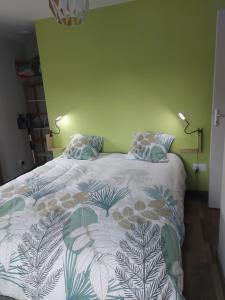 ein Bett mit zwei Kissen darauf in einem Schlafzimmer in der Unterkunft Maison de bourg paisible in Parçay-sur-Vienne