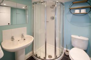 a bathroom with a shower and a sink and a toilet at Juniper HAYLOFT, Grasmere in Ambleside