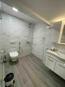 y baño con ducha, aseo y lavamanos. en Lovely apartment in Pogradec city with a lake view, en Pogradec