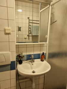 a bathroom with a sink and a mirror at Welcoming single room in the city center in Gothenburg