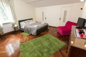 a living room with a bed and a pink chair at Patrian in Grottaferrata