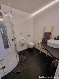 a bathroom with a shower and a toilet and a sink at Ferienwohnung Tostner Burgblick in Feldkirch