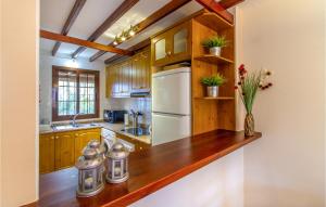 a kitchen with wooden cabinets and a white refrigerator at Amazing Home In Roda With Wifi in Roda