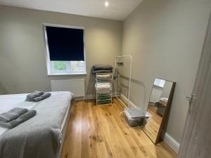 a bedroom with a bed and a mirror and a window at Lovely 1 bedroom apartment with on street parking in London