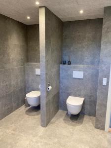 a bathroom with a toilet and a sink at Hytten in Lemvig +4 photos