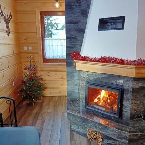 una chimenea y un árbol de Navidad en una habitación en Domek u Stolarza, en Grywałd