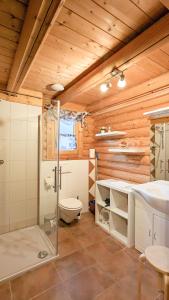 ein Bad mit einer Dusche, einem WC und einem Waschbecken in der Unterkunft Blockhaus A in der Ziegelwies in Füssen