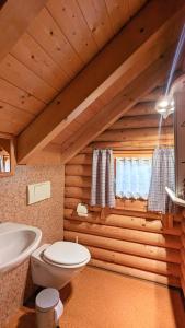 La salle de bains en bois est pourvue de toilettes et d'un lavabo. dans l'établissement Blockhaus A in der Ziegelwies, à Füssen