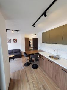 une cuisine avec un évier, une table et un canapé dans l'établissement Apartman Green - Ravna planina, à Pale