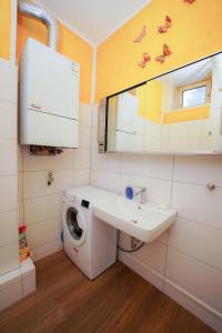 ein Badezimmer mit einer Waschmaschine und einem Waschbecken in der Unterkunft Design Apartments 2 in Dortmund