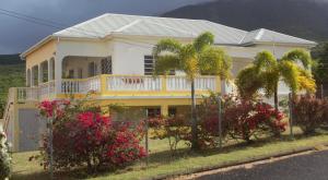 a yellow house with palm trees and flowers in front of it at Villa Benito in Nevis