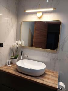 uma casa de banho com um lavatório branco e um espelho. em October Luxury Apartments em Ioannina