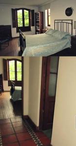 2 fotos de un dormitorio con cama y sala de estar en Amplia casa con parque y pileta en Olavarría