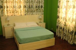 a small bed in a room with green walls and curtains at Dauphine in Port Louis