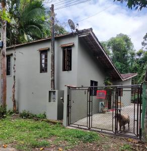 a dog standing in front of a house with a gate at Tropical Paradise House in Ubatuba