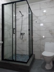 a shower stall in a bathroom with a toilet at PerfectHotel in Myrhorod