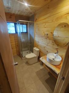 ein Holzbadezimmer mit einem Waschbecken und einem WC in der Unterkunft Cabaña Las Aguilas in Boca Pupuya