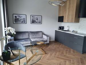 ein Wohnzimmer mit einem Sofa und einem Tisch in der Unterkunft 15 piętro SOKOLSKA 30 TOWERS apartments - NEW- LUX- PARKING- SAUNA- GYM- and GOOD VIEW from 15th floor in Kattowitz