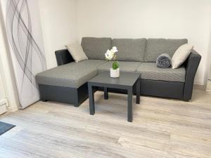 een woonkamer met een bank en een tafel bij 1,5 Zimmer Apartment in S-Bahn Nähe, 35 qm, max 4 Pers, zentral, private Terasse, Internet 250 MBit in Gärtringen