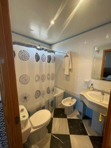 a bathroom with a toilet and a sink and a shower at El Ancla in Alcalá del Río