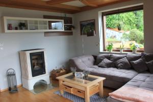 sala de estar con sofá y chimenea en Gemütliches Bergappartement mit Seeblick, en Zödl