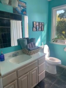 een badkamer met een wastafel, een toilet en een raam bij Farm in the city with sweeping bay view in San Rafael