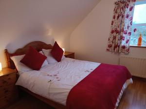 a bedroom with a large bed with white sheets and red pillows at Rockgardencottage in Lettermacaward
