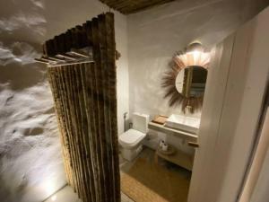 a bathroom with a shower and a toilet and a mirror at Suítes Casa Kamayurá in Trancoso