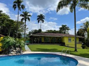 ein Haus mit einem Pool und Palmen in der Unterkunft Finca El Cortijo Pereira in Pereira