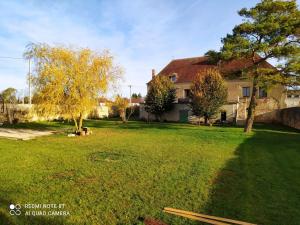 une grande cour avec une maison et un arbre dans l'établissement Le gîte de l'écluse, à Marolles-sous-Lignières