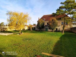 ein großer Hof mit einem Haus und einem Baum in der Unterkunft Le gîte de l'écluse in Marolles-sous-Lignières