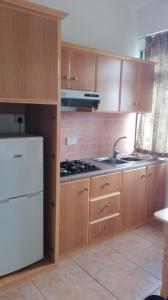 a kitchen with wooden cabinets and a white refrigerator at Dodo Villa in Pointe aux Biches