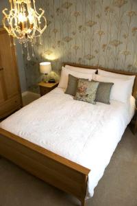 a bedroom with a large bed with a chandelier at Rooftops in Louth +9 photos