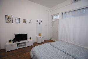 a bedroom with a bed and a flat screen tv at Central Studio Apartman in Šabac