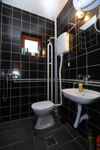 een zwart betegelde badkamer met een toilet en een wastafel bij Central Studio Apartman in Šabac