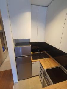 a small kitchen with a sink and a refrigerator at Master Studio in Podgorica +5 photos